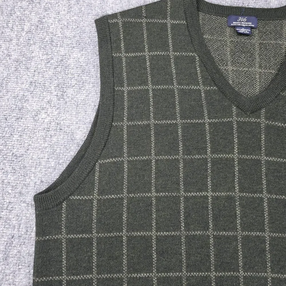 Brooks Brothers Sweater Vest Mens Large Green Windowpane Merino Wool Knit VTG HK